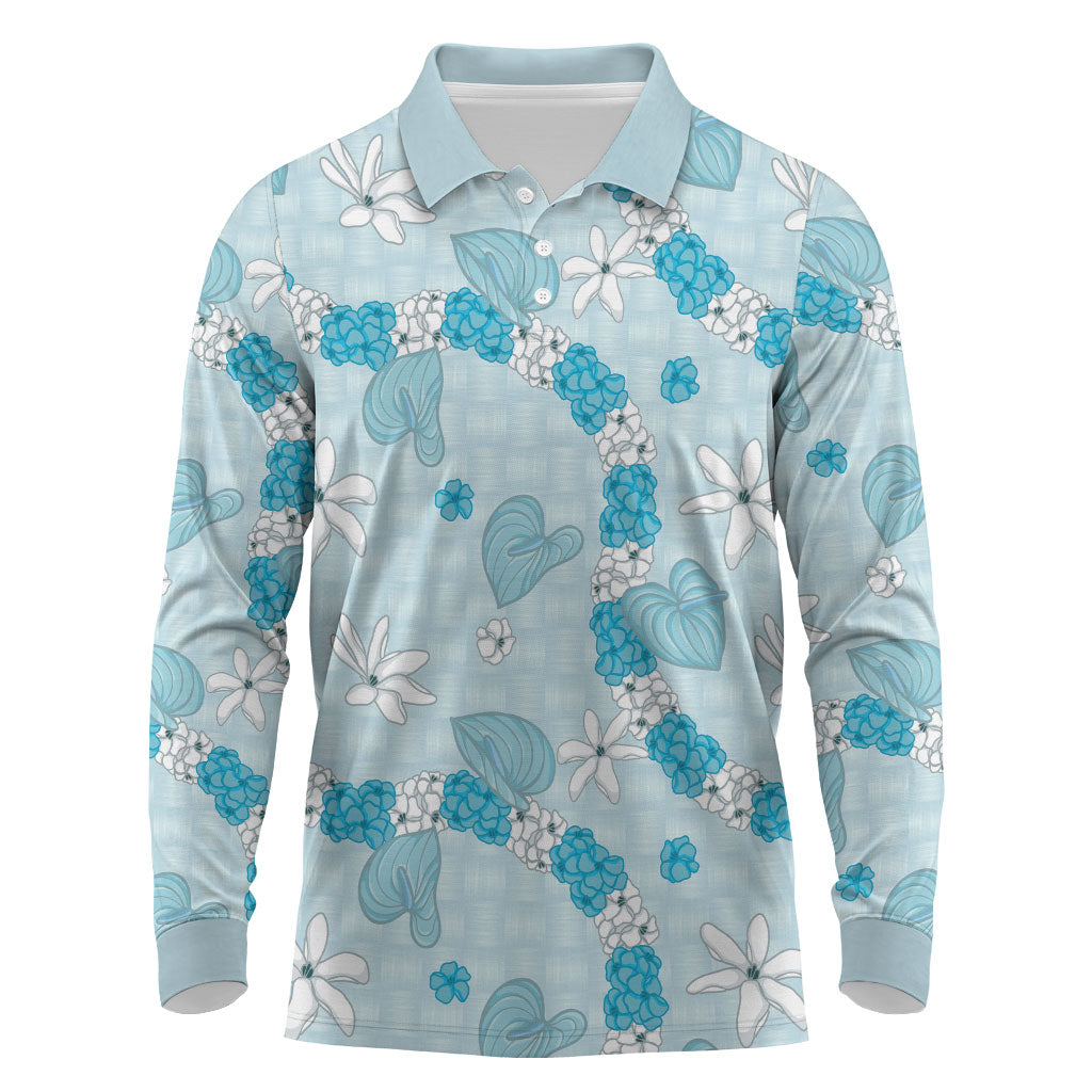 Hawaii Anthurium Tiare Pikake Lei Long Sleeve Polo Shirt UliUli Lauhala Art Pattern LT01 Blue - Polynesian Pride