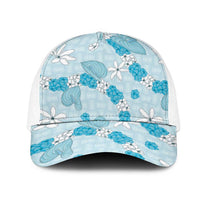 Hawaii Anthurium Tiare Pikake Lei Mesh Trucker Cap UliUli Lauhala Art Pattern LT01 One Size White Blue - Polynesian Pride