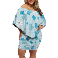 Hawaii Anthurium Tiare Pikake Lei Off Shoulder Short Dress UliUli Lauhala Art Pattern LT01 Women Blue - Polynesian Pride