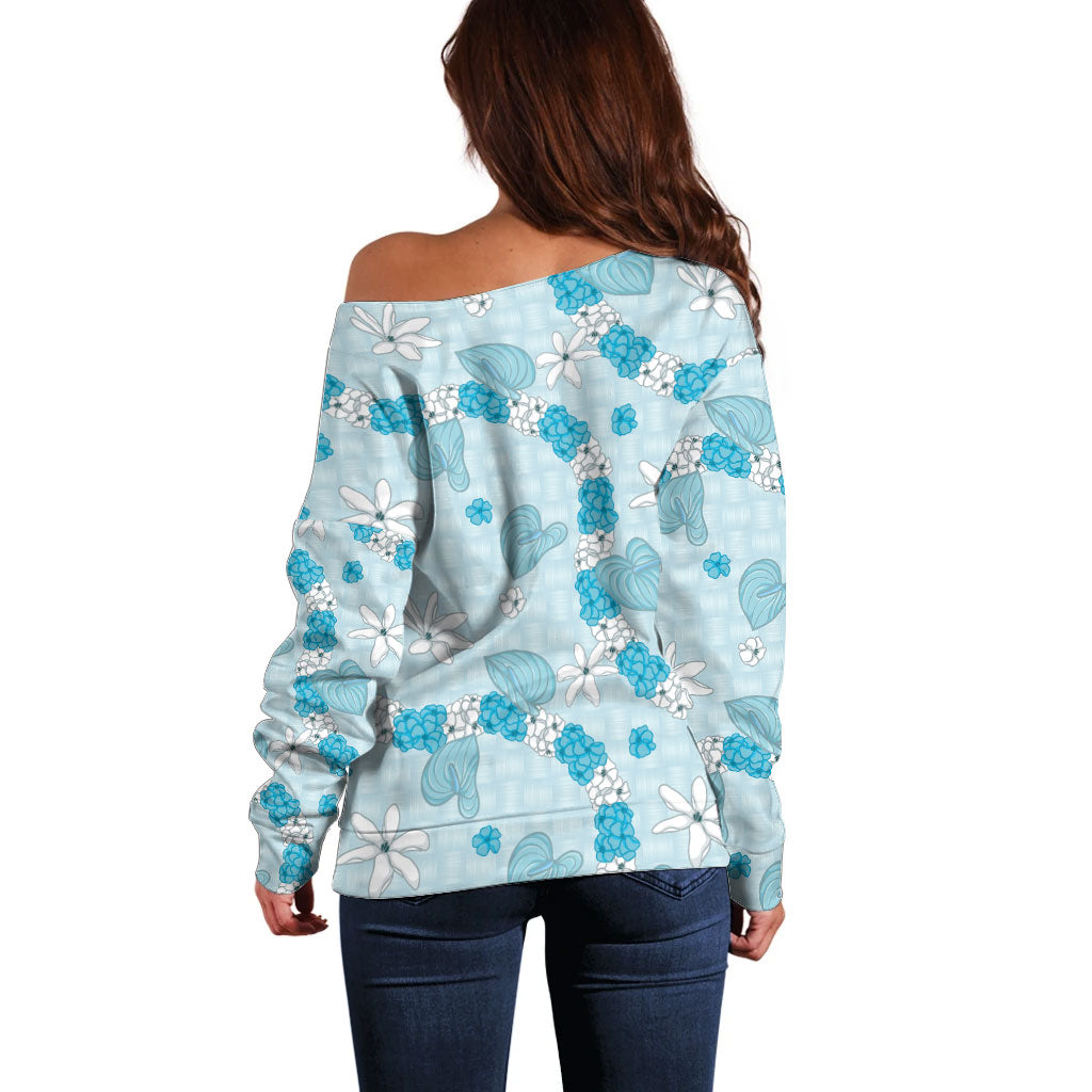 Hawaii Anthurium Tiare Pikake Lei Off Shoulder Sweater UliUli Lauhala Art Pattern