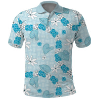 Hawaii Anthurium Tiare Pikake Lei Polo Shirt UliUli Lauhala Art Pattern LT01 Blue - Polynesian Pride