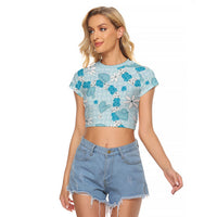 Hawaii Anthurium Tiare Pikake Lei Raglan Cropped T Shirt UliUli Lauhala Art Pattern LT01 Female Blue - Polynesian Pride