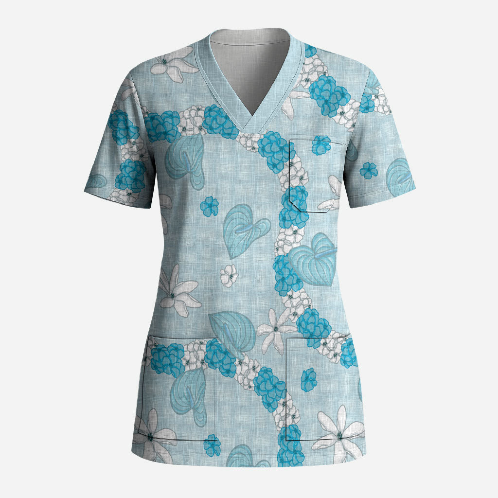 Hawaii Anthurium Tiare Pikake Lei Scrub Top UliUli Lauhala Art Pattern