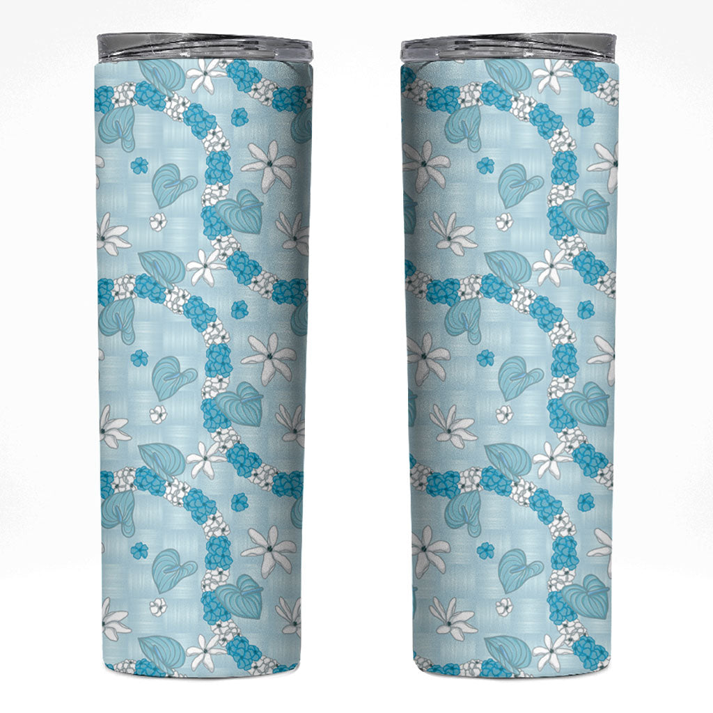 Hawaii Anthurium Tiare Pikake Lei Skinny Tumbler UliUli Lauhala Art Pattern