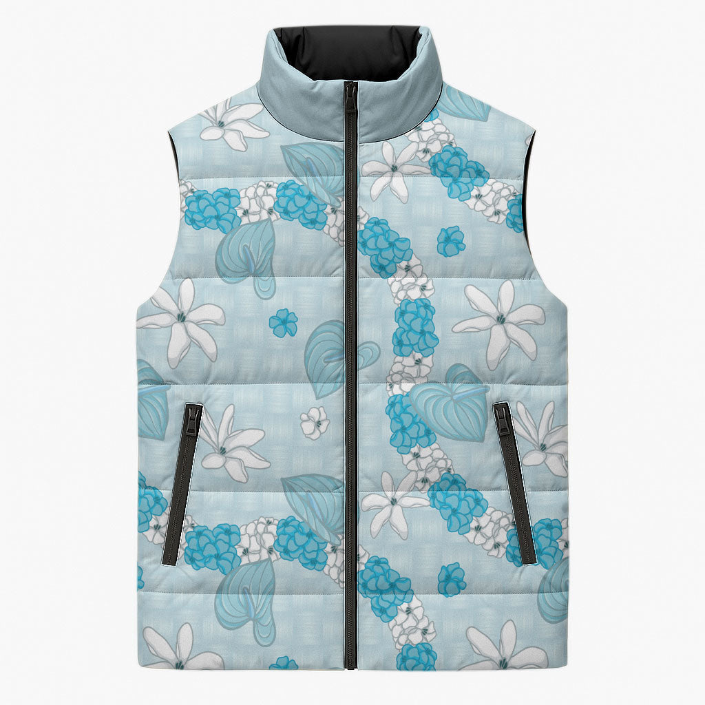 Hawaii Anthurium Tiare Pikake Lei Sleeveless Puffer Jacket UliUli Lauhala Art Pattern LT01 Unisex Blue - Polynesian Pride