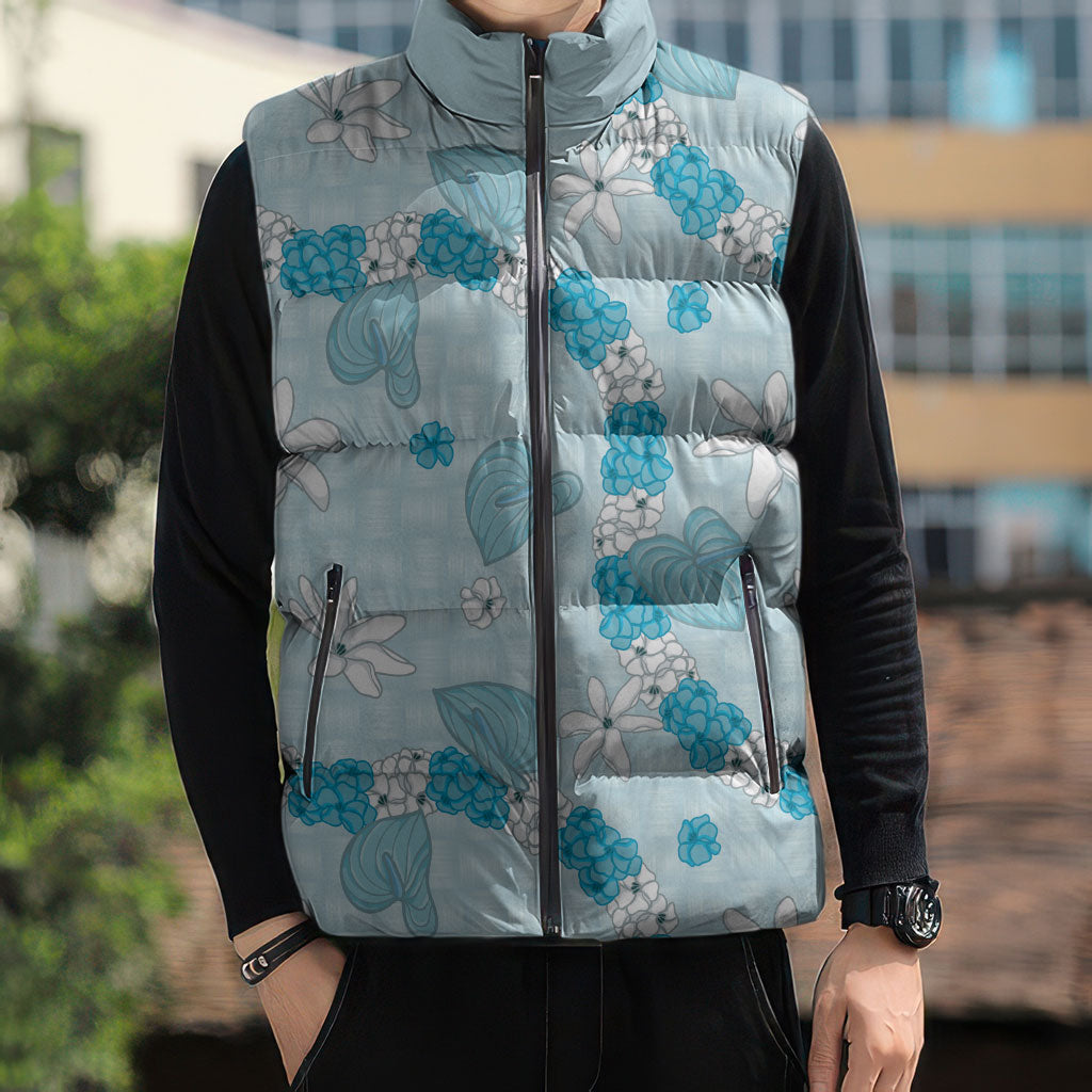 Hawaii Anthurium Tiare Pikake Lei Sleeveless Puffer Jacket UliUli Lauhala Art Pattern LT01 - Polynesian Pride