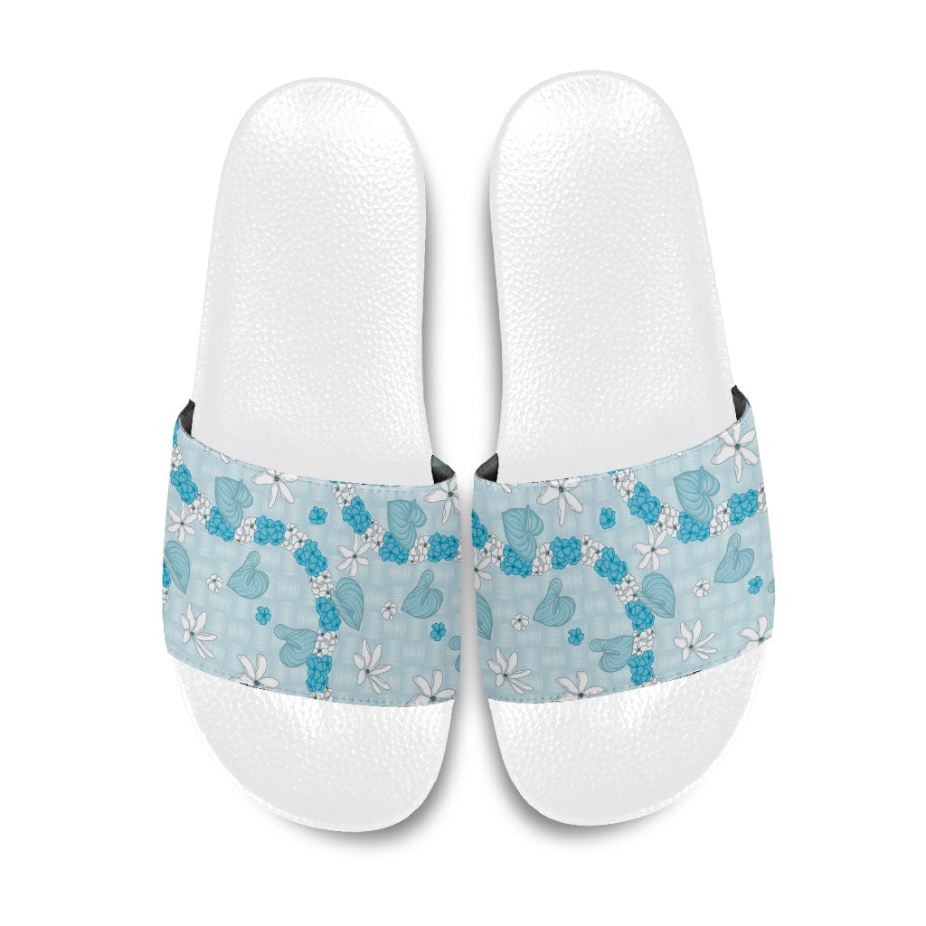 Hawaii Anthurium Tiare Pikake Lei Slide Sandals UliUli Lauhala Art Pattern LT01 Blue - Polynesian Pride