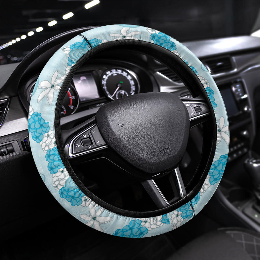 Hawaii Anthurium Tiare Pikake Lei Steering Wheel Cover UliUli Lauhala Art Pattern LT01 Universal Fit Blue - Polynesian Pride