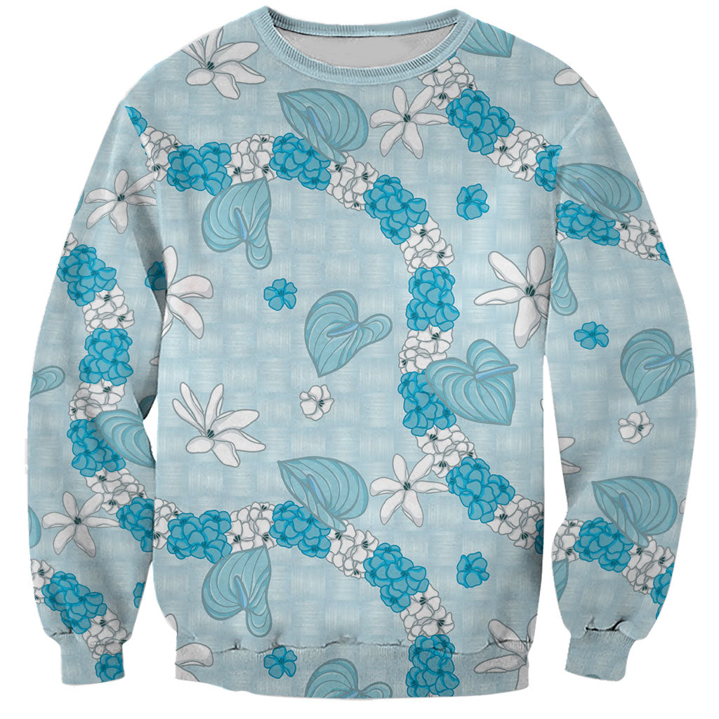 Hawaii Anthurium Tiare Pikake Lei Sweatshirt UliUli Lauhala Art Pattern LT01 Unisex Blue - Polynesian Pride
