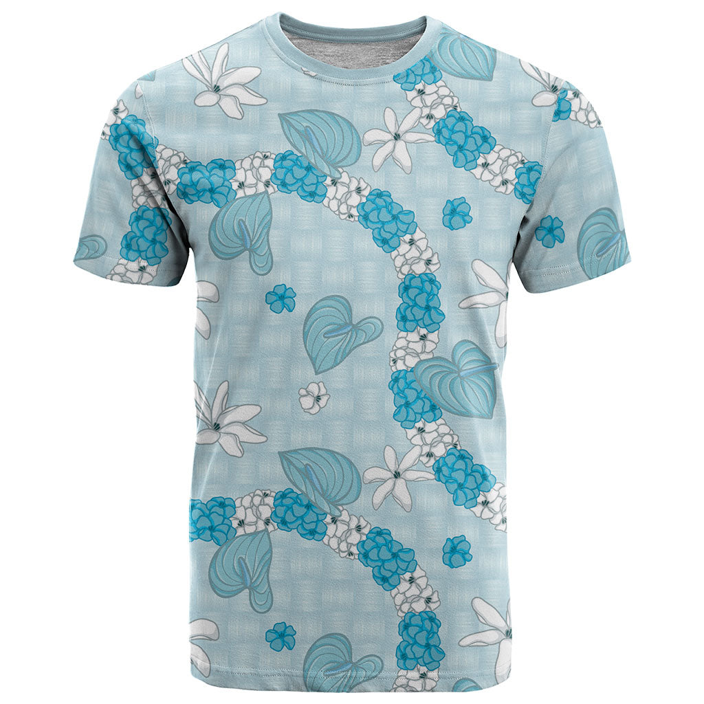 Hawaii Anthurium Tiare Pikake Lei T Shirt UliUli Lauhala Art Pattern LT01 Blue - Polynesian Pride