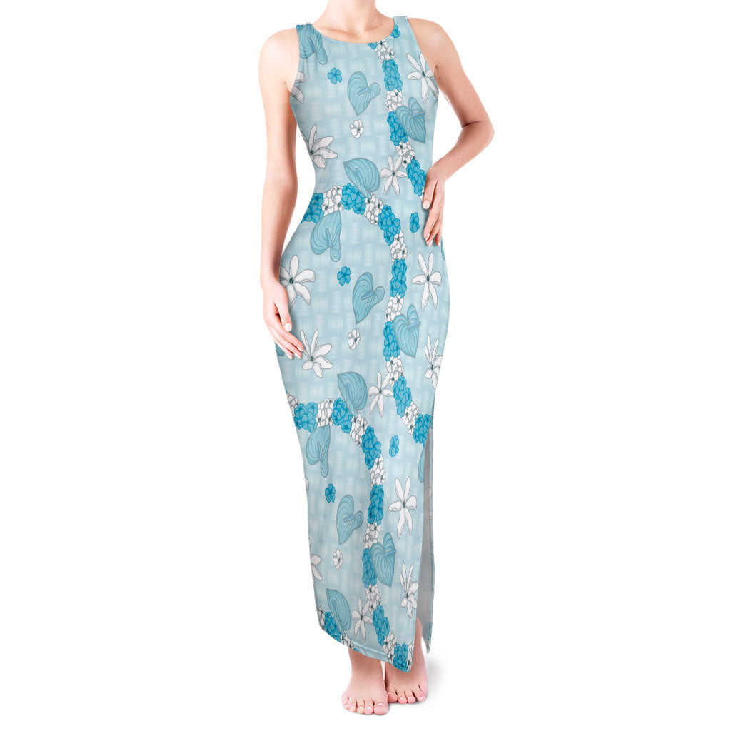 Hawaii Anthurium Tiare Pikake Lei Tank Maxi Dress UliUli Lauhala Art Pattern LT01 Women Blue - Polynesian Pride
