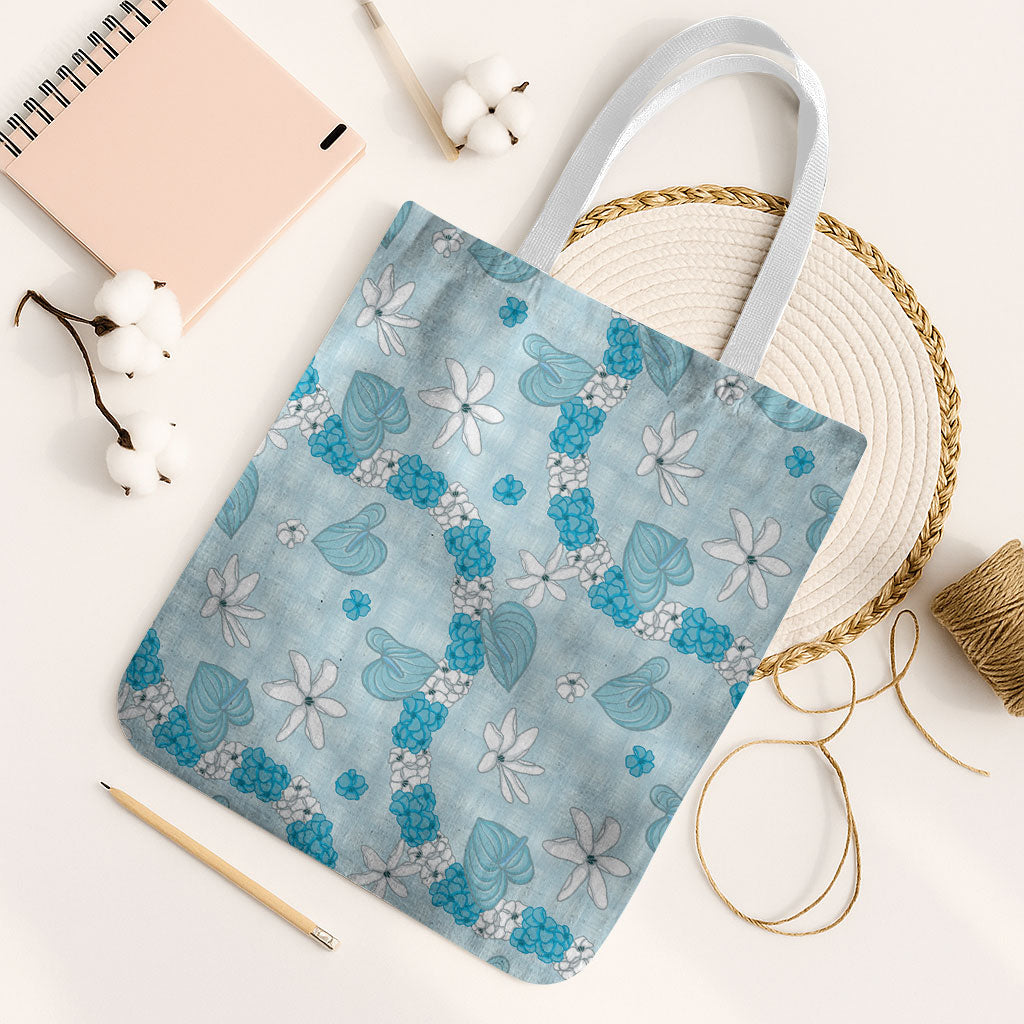 Hawaii Anthurium Tiare Pikake Lei Tote Bag UliUli Lauhala Art Pattern LT01 White Strap One Size Blue - Polynesian Pride