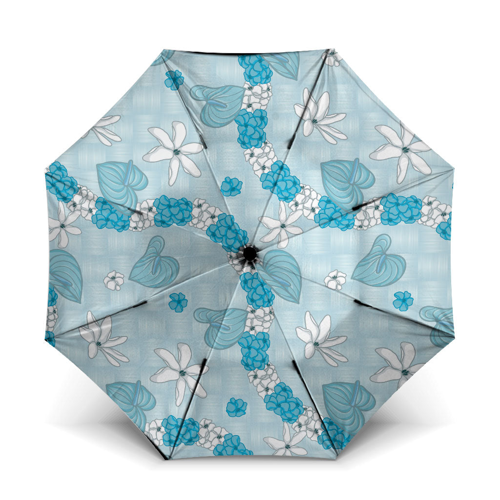 Hawaii Anthurium Tiare Pikake Lei Umbrella UliUli Lauhala Art Pattern LT01 One Size Folded 11.42 inch Opened Diameter 37.4 inch Blue - Polynesian Pride