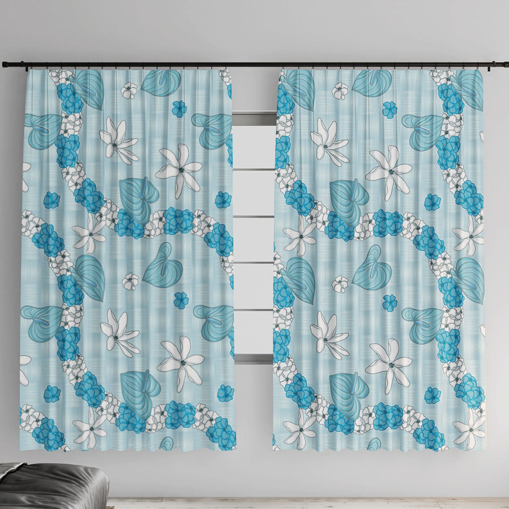 Hawaii Anthurium Tiare Pikake Lei Window Curtain UliUli Lauhala Art Pattern LT01 With Hooks Blue - Polynesian Pride