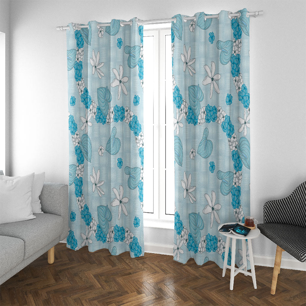 Hawaii Anthurium Tiare Pikake Lei Window Curtain UliUli Lauhala Art Pattern LT01 With Grommets Blue - Polynesian Pride
