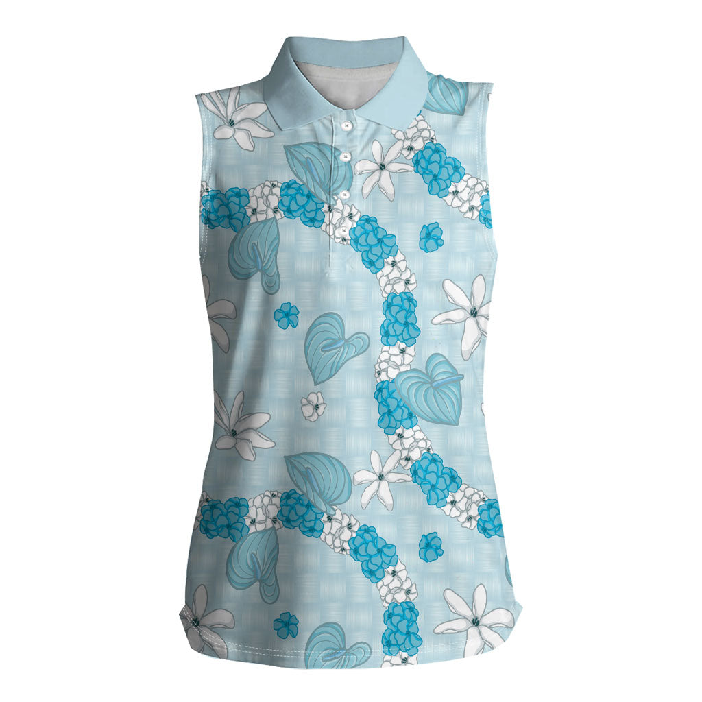Hawaii Anthurium Tiare Pikake Lei Women Sleeveless Polo Shirt UliUli Lauhala Art Pattern LT01 Female Blue - Polynesian Pride