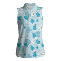 Hawaii Anthurium Tiare Pikake Lei Women Sleeveless Polo Shirt UliUli Lauhala Art Pattern LT01 Female Blue - Polynesian Pride