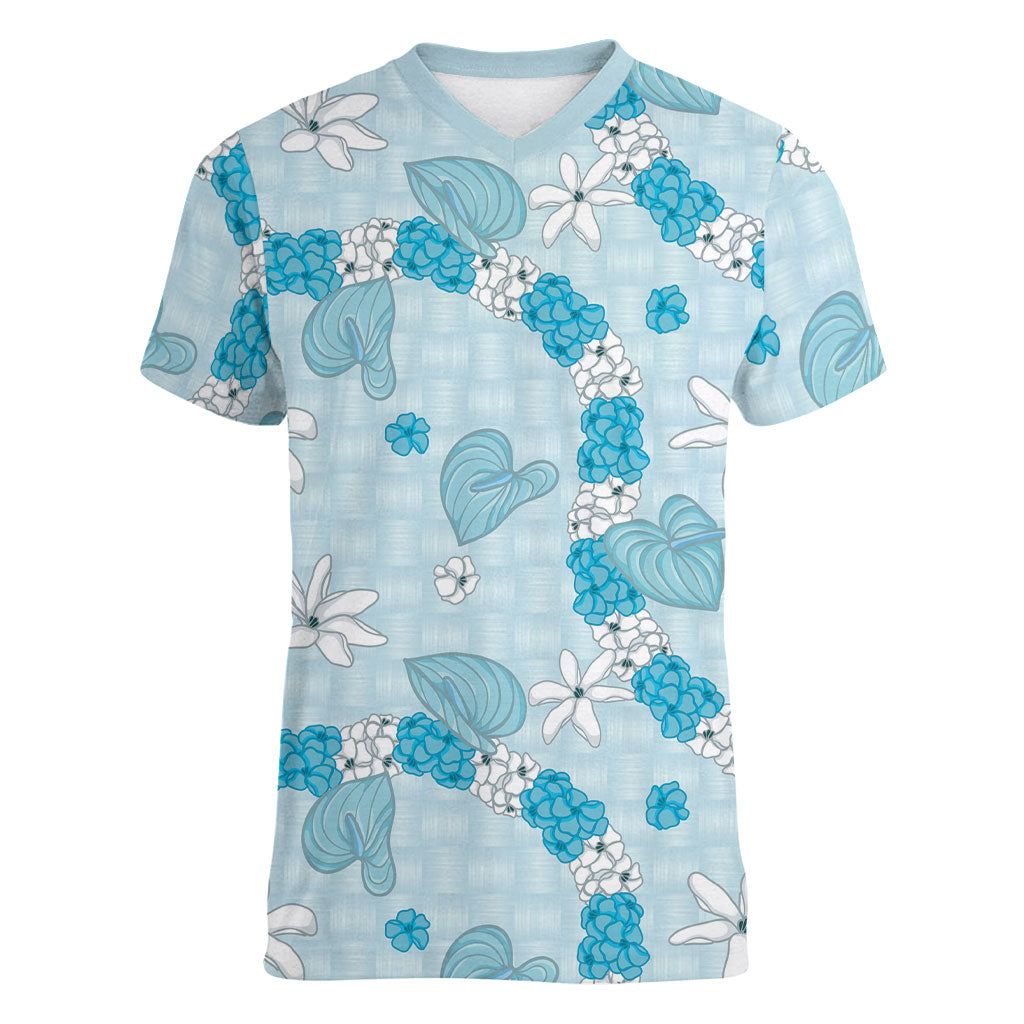 Hawaii Anthurium Tiare Pikake Lei Women V-Neck T-Shirt UliUli Lauhala Art Pattern