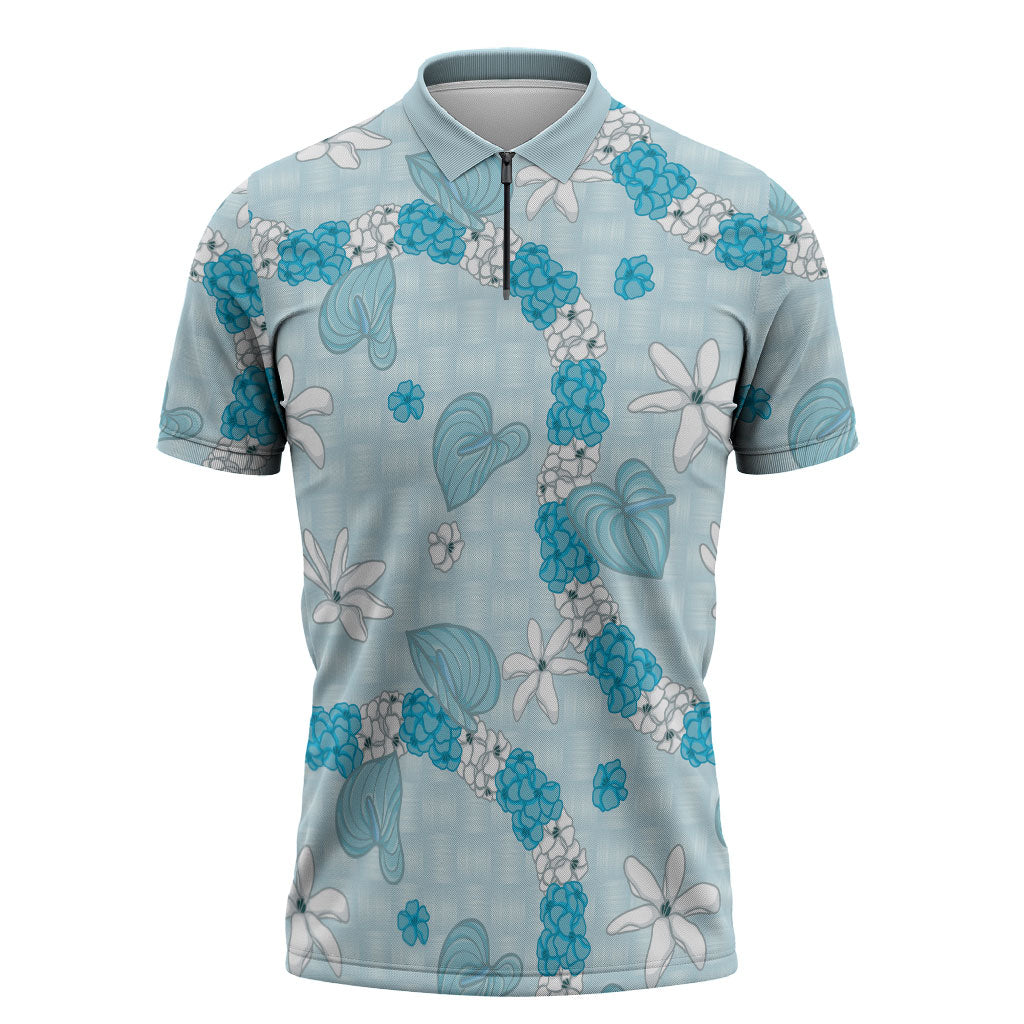 Hawaii Anthurium Tiare Pikake Lei Zipper Polo Shirt UliUli Lauhala Art Pattern