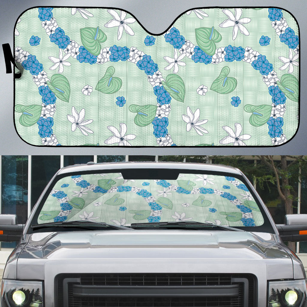 Hawaii Anthurium Tiare Pikake Lei Auto Sun Shade Omaomao Lauhala Art Pattern LT01 Green - Polynesian Pride