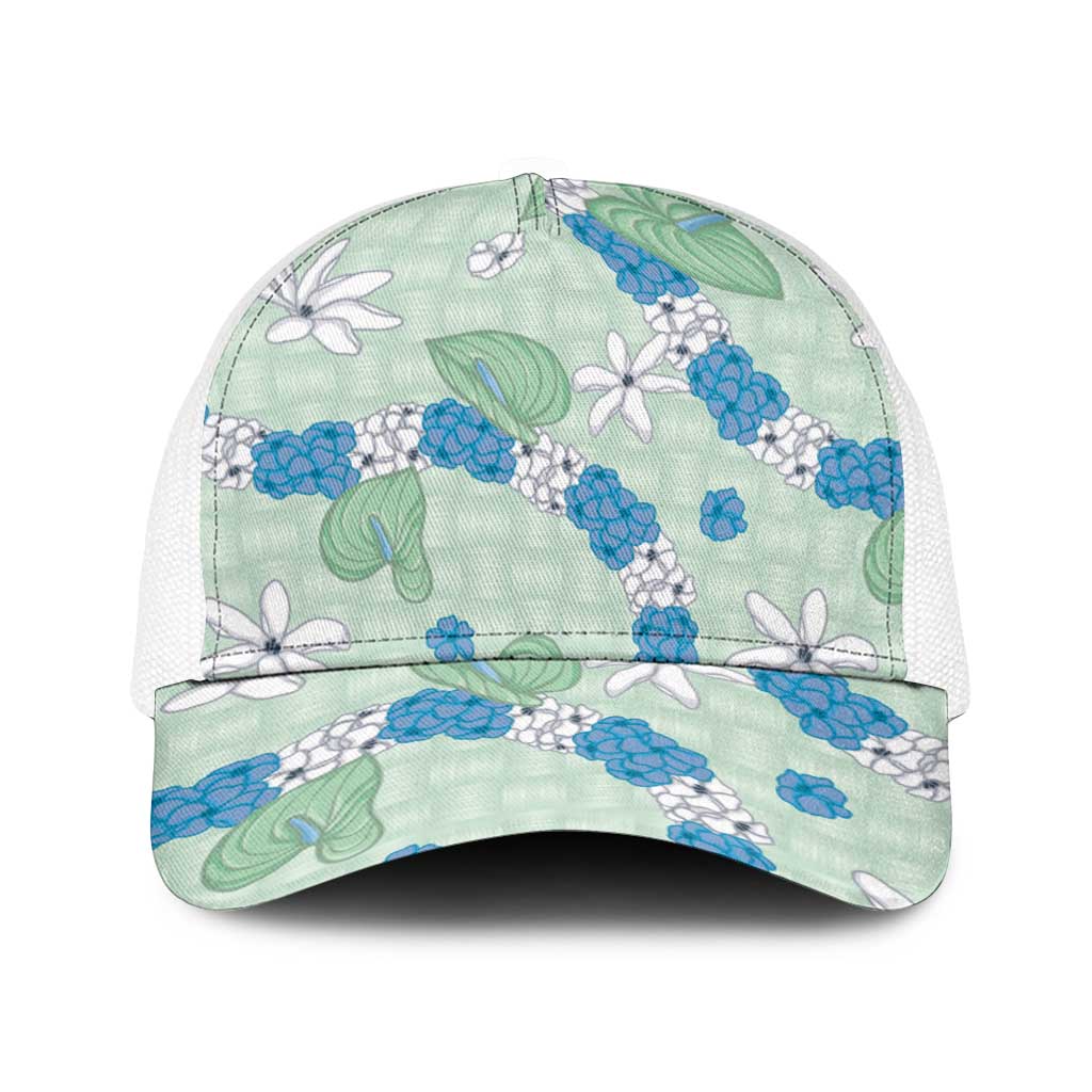Hawaii Anthurium Tiare Pikake Lei Baseball Net Cap Omaomao Lauhala Art Pattern LT01 One Size White Green - Polynesian Pride