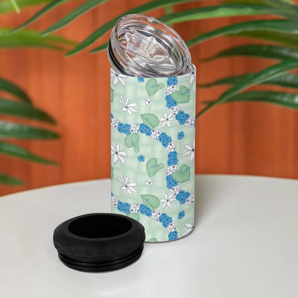 Hawaii Anthurium Tiare Pikake Lei 4 in 1 Can Cooler Tumbler Omaomao Lauhala Art Pattern LT01 - Polynesian Pride
