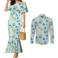 Hawaii Anthurium Tiare Pikake Lei Couples Matching Mermaid Dress and Long Sleeve Button Shirt Omaomao Lauhala Art Pattern