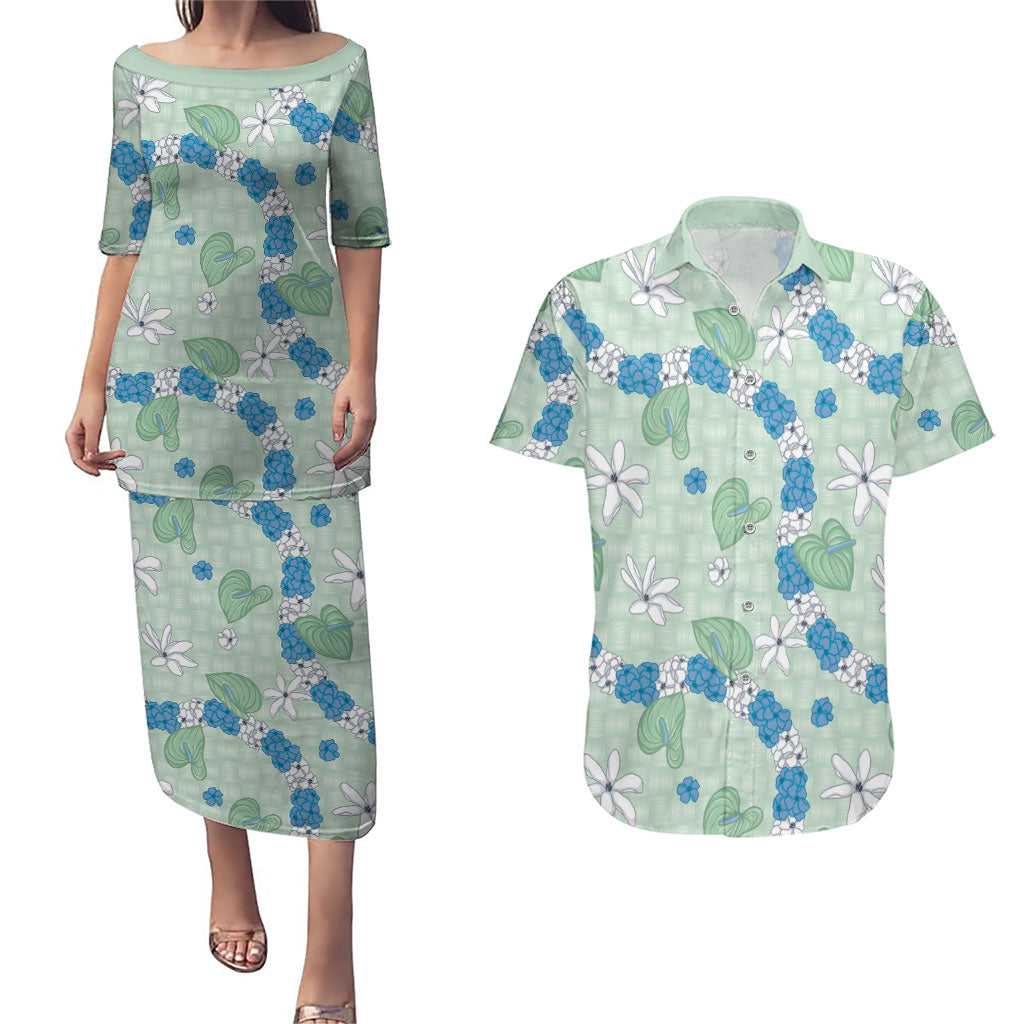 Hawaii Anthurium Tiare Pikake Lei Couples Matching Puletasi and Hawaiian Shirt Omaomao Lauhala Art Pattern