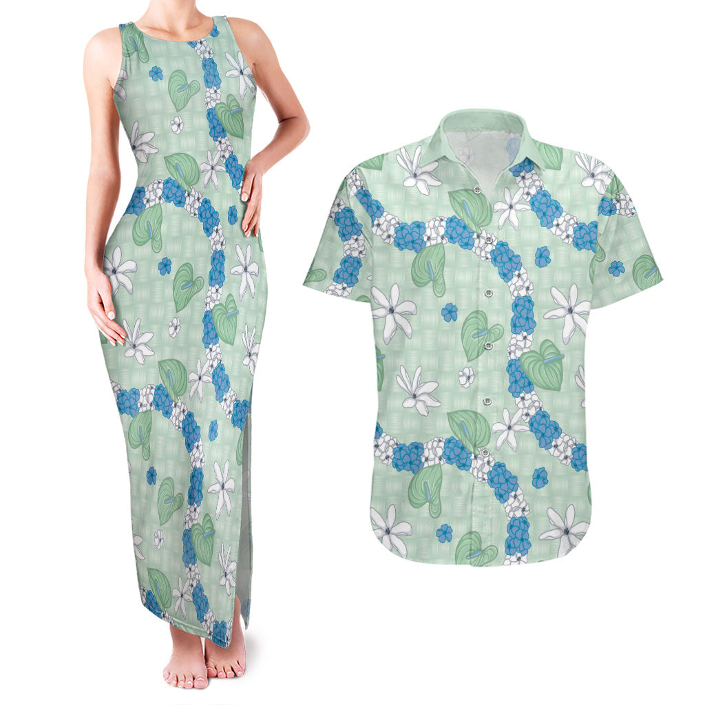 Hawaii Anthurium Tiare Pikake Lei Couples Matching Tank Maxi Dress and Hawaiian Shirt Omaomao Lauhala Art Pattern