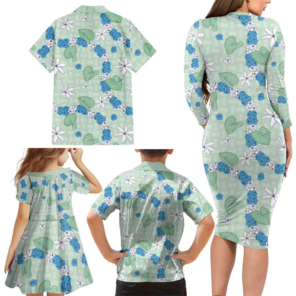 Hawaii Anthurium Tiare Pikake Lei Family Matching Long Sleeve Bodycon Dress and Hawaiian Shirt Omaomao Lauhala Art Pattern
