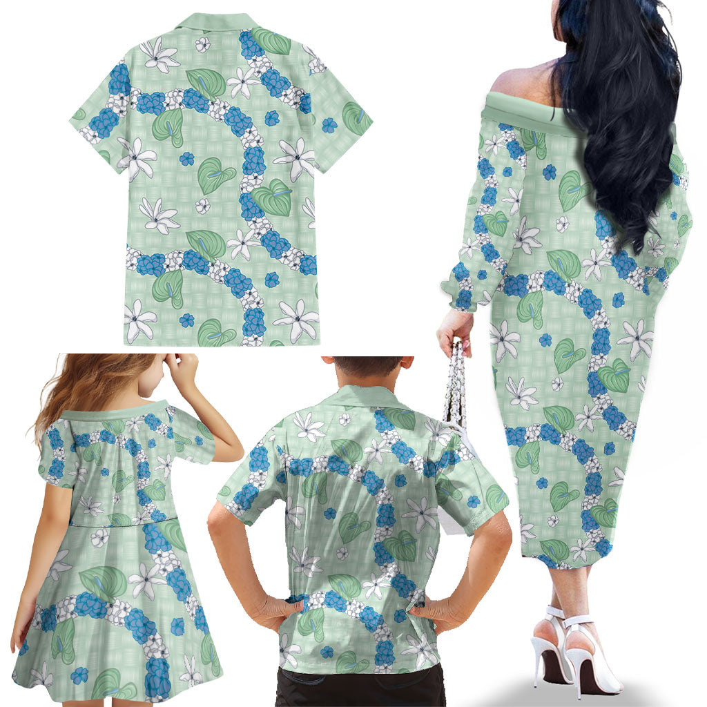 Hawaii Anthurium Tiare Pikake Lei Family Matching Off The Shoulder Long Sleeve Dress and Hawaiian Shirt Omaomao Lauhala Art Pattern