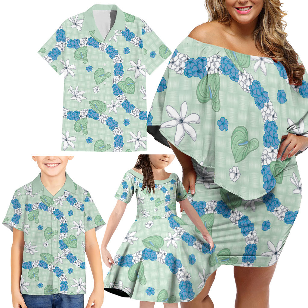 Hawaii Anthurium Tiare Pikake Lei Family Matching Off Shoulder Short Dress and Hawaiian Shirt Omaomao Lauhala Art Pattern