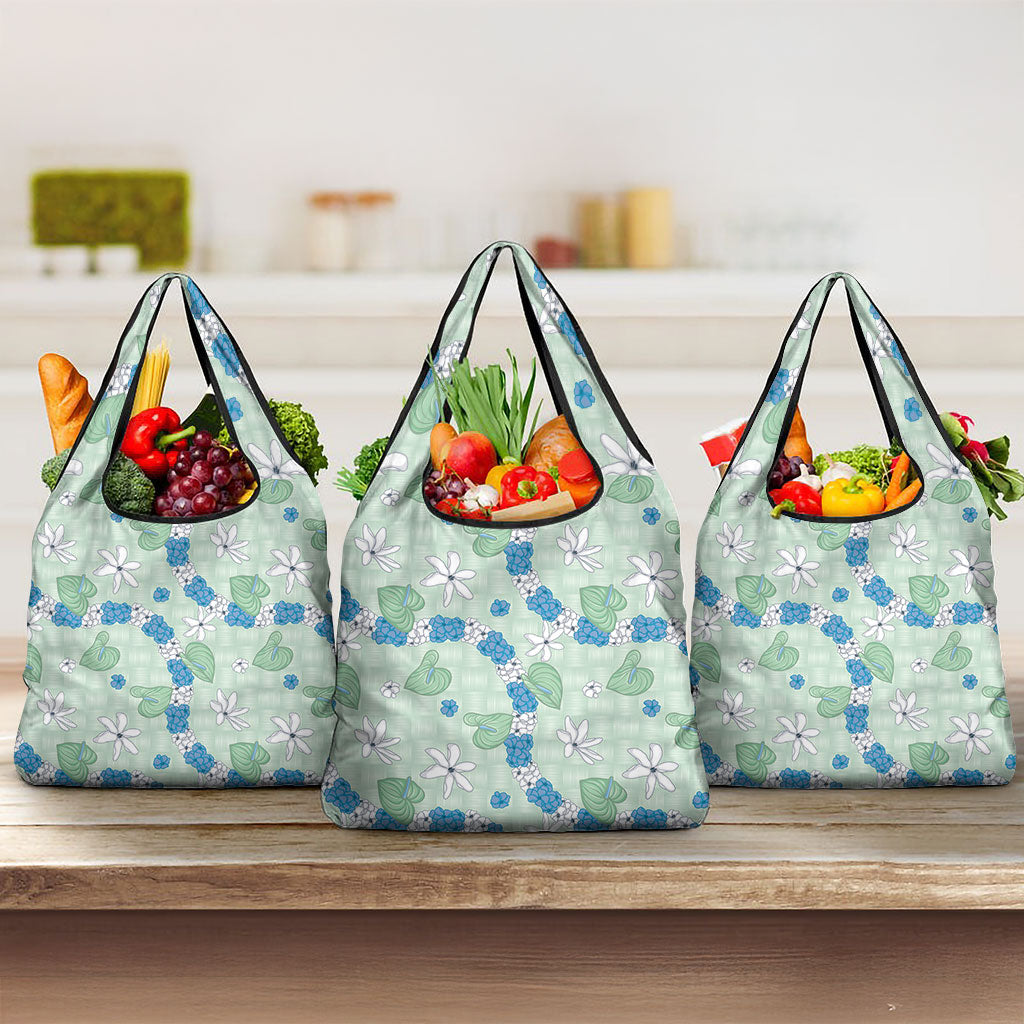 Hawaii Anthurium Tiare Pikake Lei Grocery Bag Omaomao Lauhala Art Pattern LT01 3-pack One Size Green - Polynesian Pride