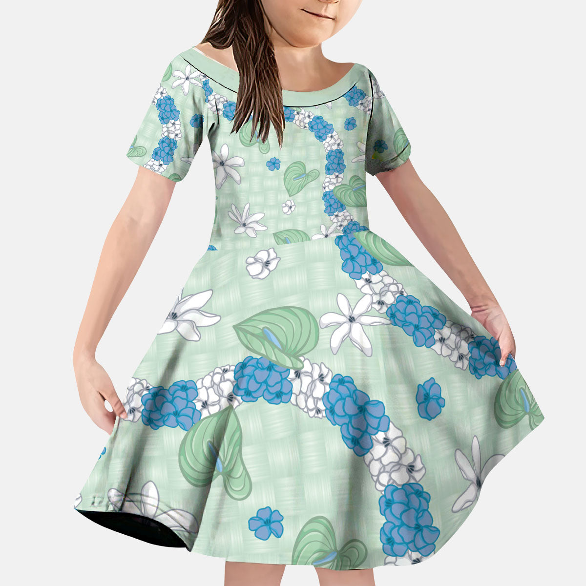 Hawaii Anthurium Tiare Pikake Lei Kid Short Sleeve Dress Omaomao Lauhala Art Pattern LT01 KID Green - Polynesian Pride