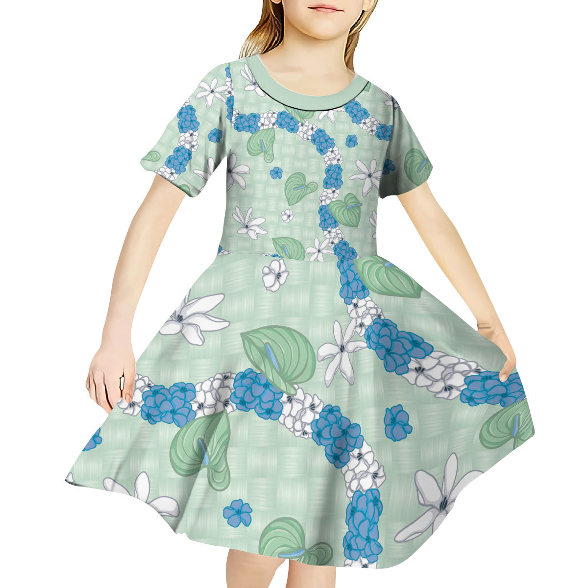 Hawaii Anthurium Tiare Pikake Lei Kid Short Sleeve Dress Omaomao Lauhala Art Pattern LT01 - Polynesian Pride