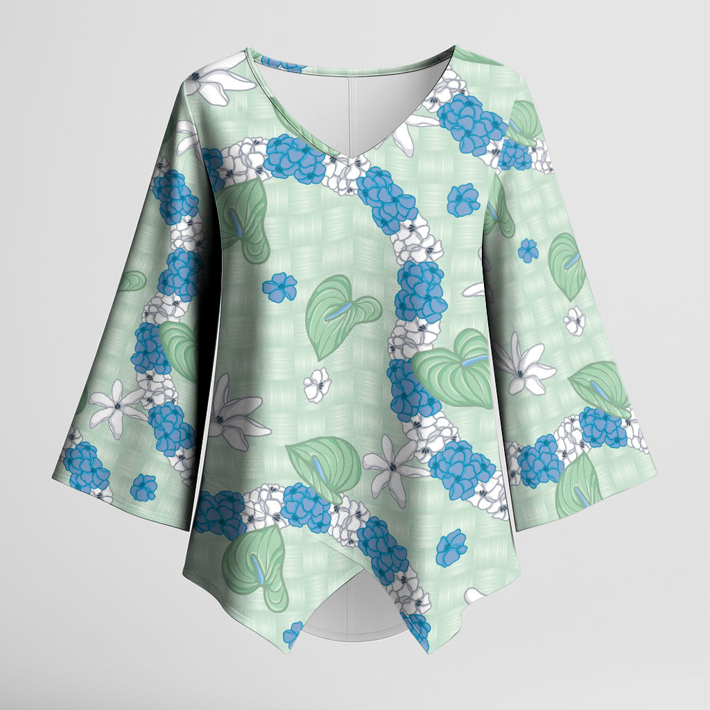Hawaii Anthurium Tiare Pikake Lei Kimono Sleeve Blouse Omaomao Lauhala Art Pattern LT01 Female Green - Polynesian Pride