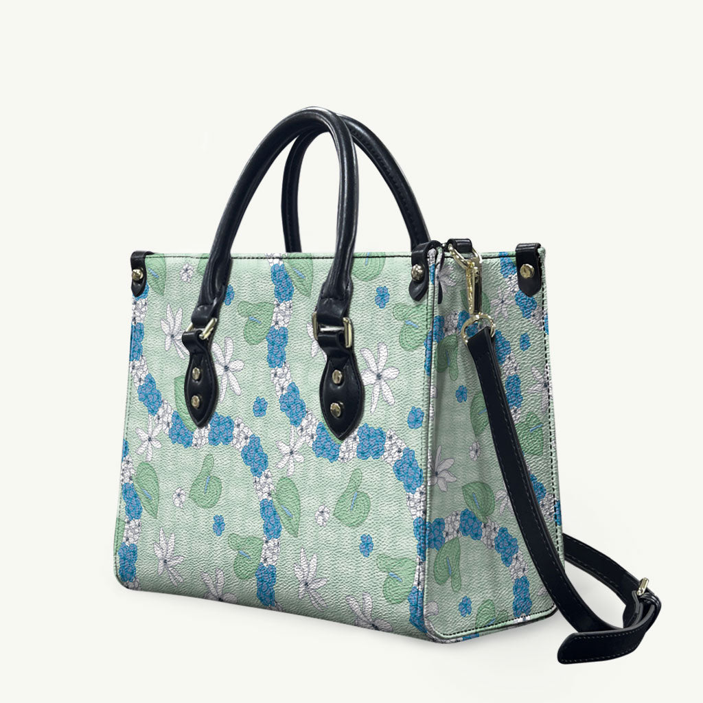 Hawaii Anthurium Tiare Pikake Lei Leather Bag Omaomao Lauhala Art Pattern LT01 Green - Polynesian Pride