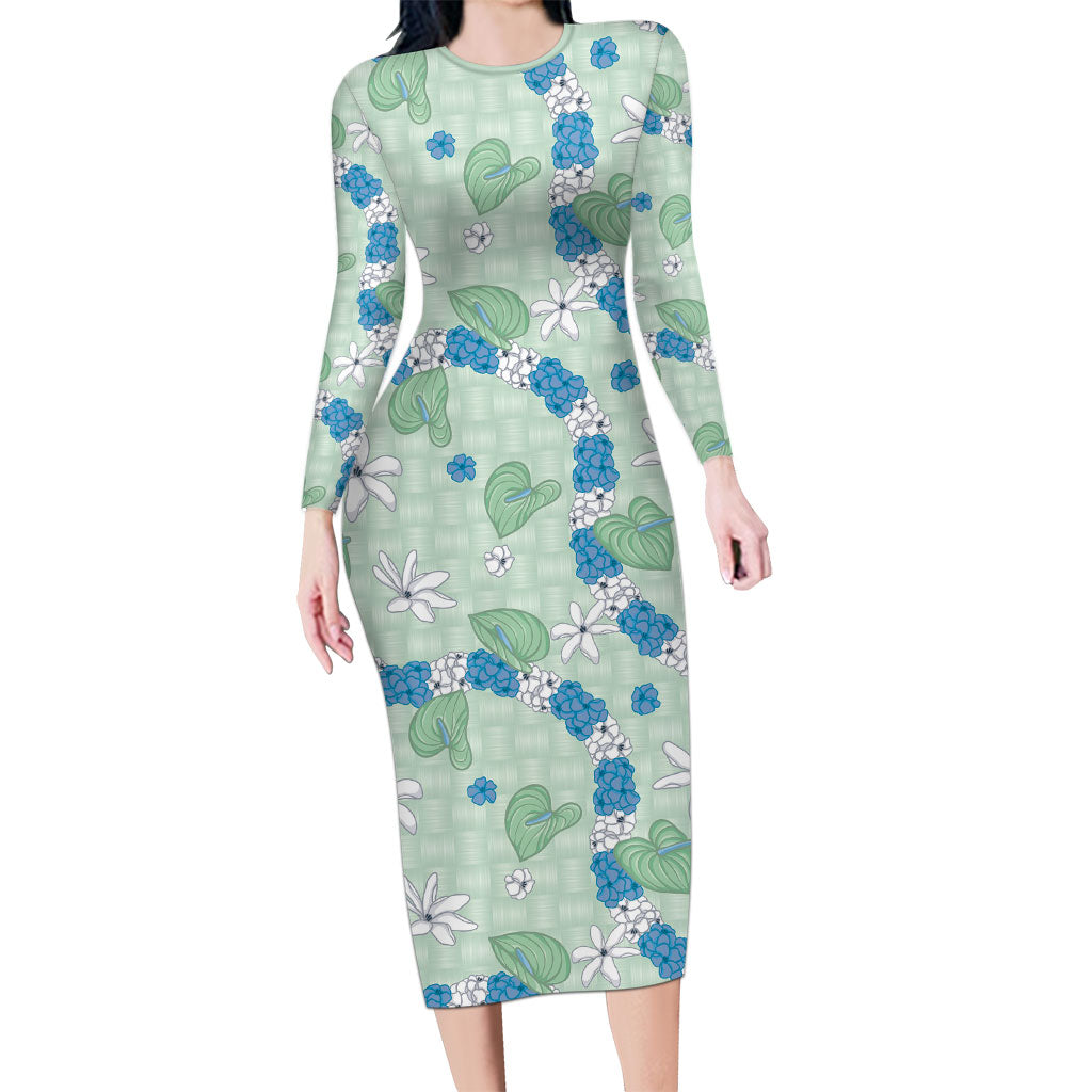 Hawaii Anthurium Tiare Pikake Lei Long Sleeve Bodycon Dress Omaomao Lauhala Art Pattern LT01 Long Dress Green - Polynesian Pride