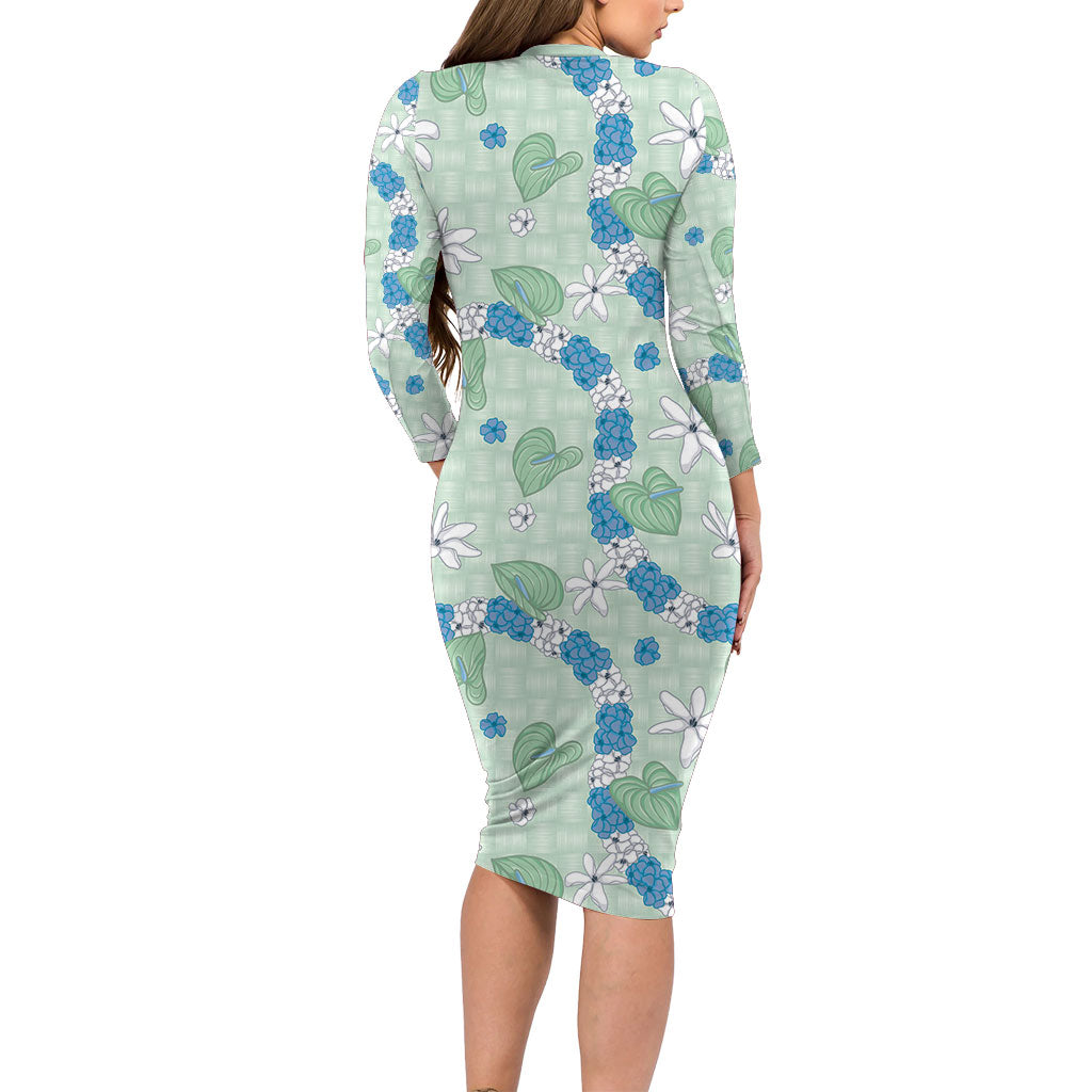 Hawaii Anthurium Tiare Pikake Lei Long Sleeve Bodycon Dress Omaomao Lauhala Art Pattern LT01 - Polynesian Pride