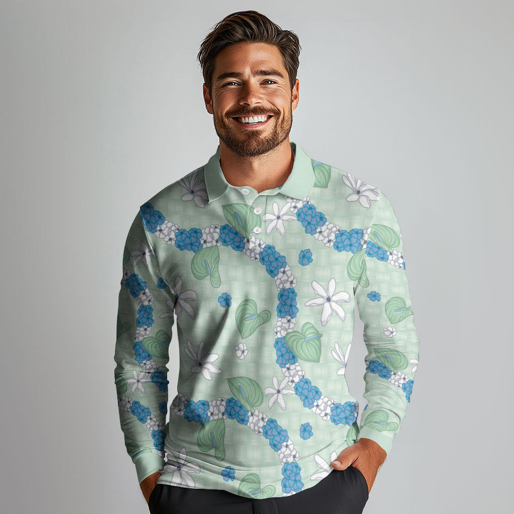 Hawaii Anthurium Tiare Pikake Lei Long Sleeve Polo Shirt Omaomao Lauhala Art Pattern LT01 - Polynesian Pride