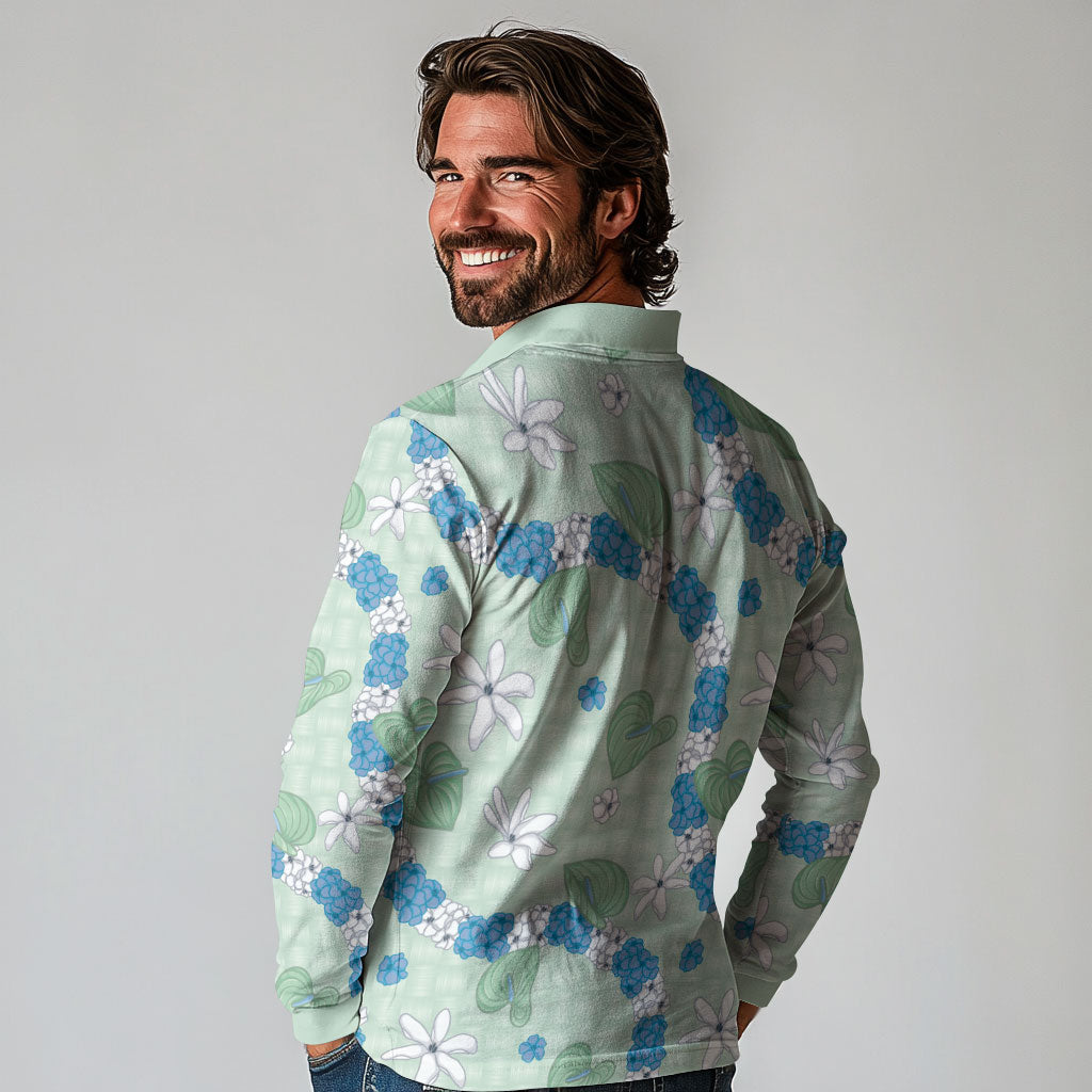 Hawaii Anthurium Tiare Pikake Lei Long Sleeve Polo Shirt Omaomao Lauhala Art Pattern LT01 - Polynesian Pride