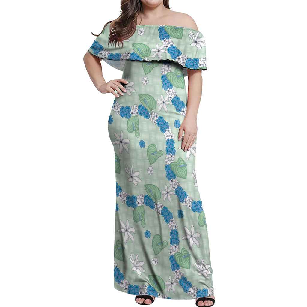 Hawaii Anthurium Tiare Pikake Lei Off Shoulder Maxi Dress Omaomao Lauhala Art Pattern LT01 Women Green - Polynesian Pride