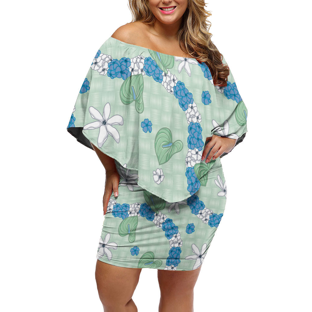 Hawaii Anthurium Tiare Pikake Lei Off Shoulder Short Dress Omaomao Lauhala Art Pattern