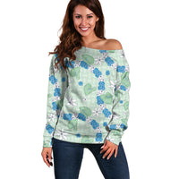 Hawaii Anthurium Tiare Pikake Lei Off Shoulder Sweater Omaomao Lauhala Art Pattern LT01 Women Green - Polynesian Pride