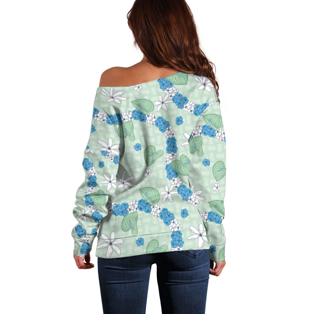 Hawaii Anthurium Tiare Pikake Lei Off Shoulder Sweater Omaomao Lauhala Art Pattern LT01 - Polynesian Pride