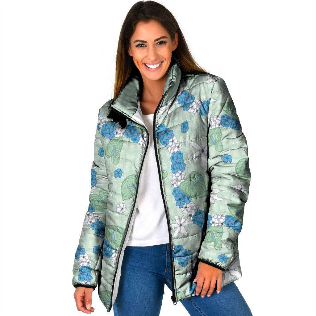 Hawaii Anthurium Tiare Pikake Lei Padded Jacket Omaomao Lauhala Art Pattern LT01 Women Green - Polynesian Pride