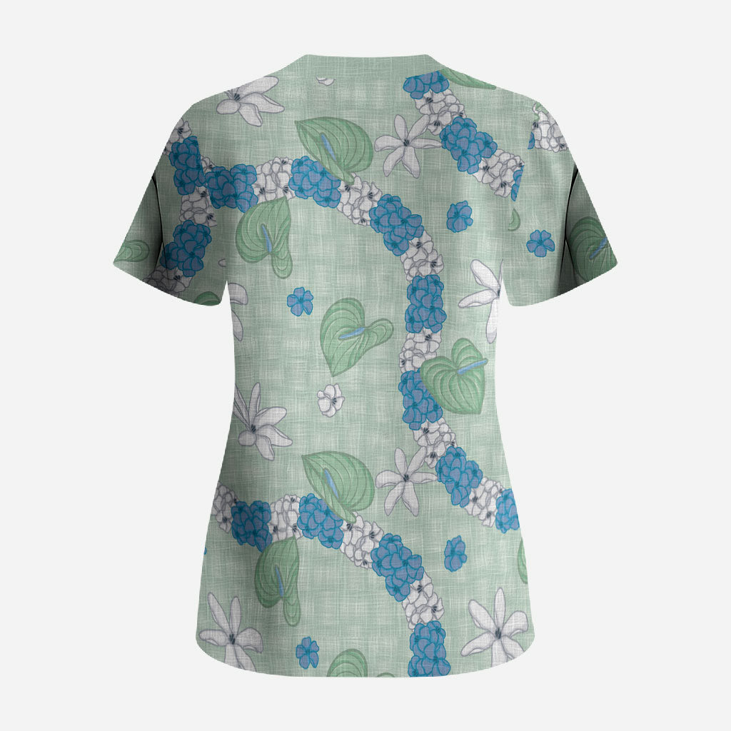 Hawaii Anthurium Tiare Pikake Lei Scrub Top Omaomao Lauhala Art Pattern LT01 - Polynesian Pride
