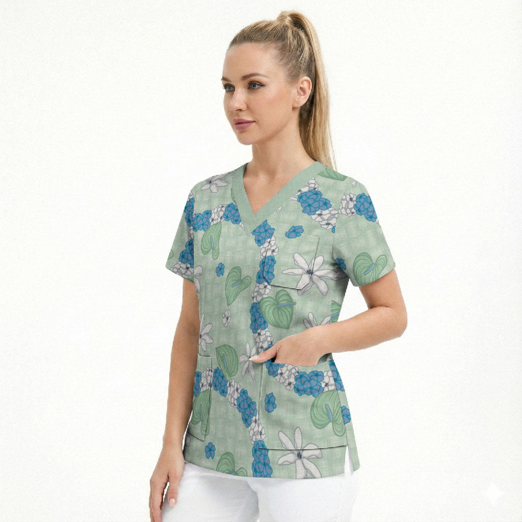 Hawaii Anthurium Tiare Pikake Lei Scrub Top Omaomao Lauhala Art Pattern LT01 - Polynesian Pride