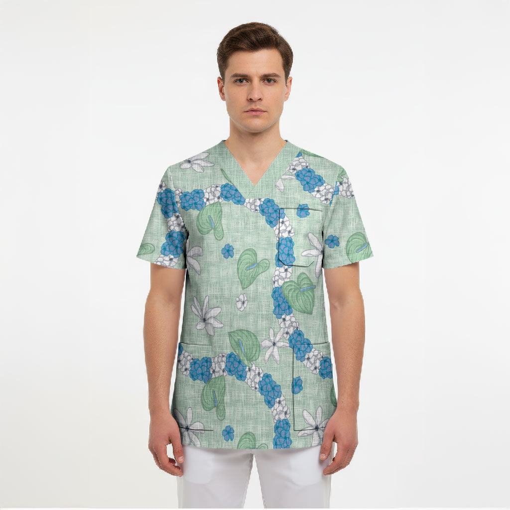 Hawaii Anthurium Tiare Pikake Lei Scrub Top Omaomao Lauhala Art Pattern LT01 - Polynesian Pride