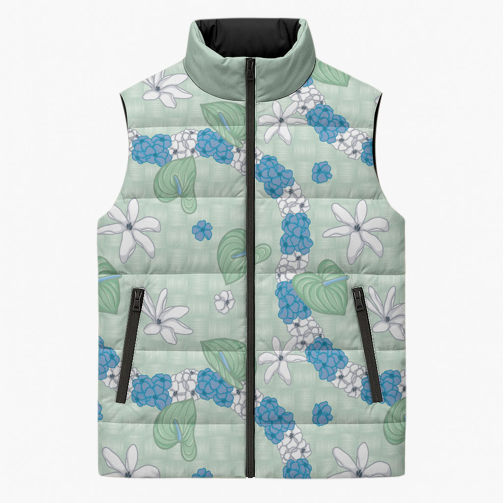 Hawaii Anthurium Tiare Pikake Lei Sleeveless Puffer Jacket Omaomao Lauhala Art Pattern LT01 Unisex Green - Polynesian Pride